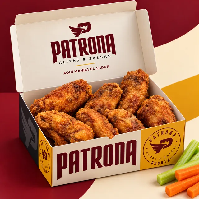 Caja de 10 alitas Patrona recién fritas, con apio y zanahoria